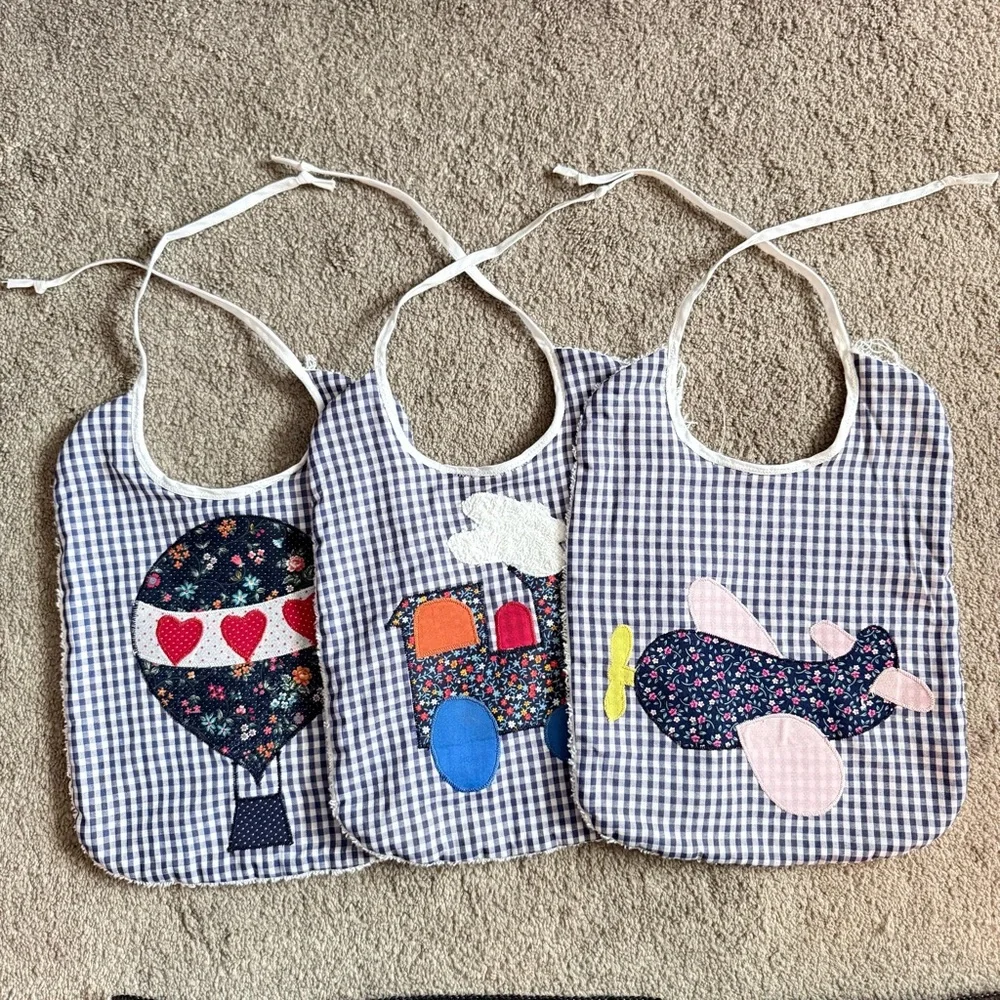 🍓 Handmade Blue Gingham Floral Travel Terry Cloth Tie Back Bibs (3 Pack)